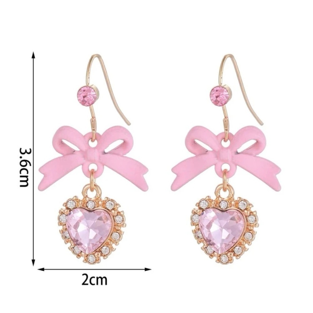 Pink Bow Rhinestone Dangle Earrings - Picture 4 of 4